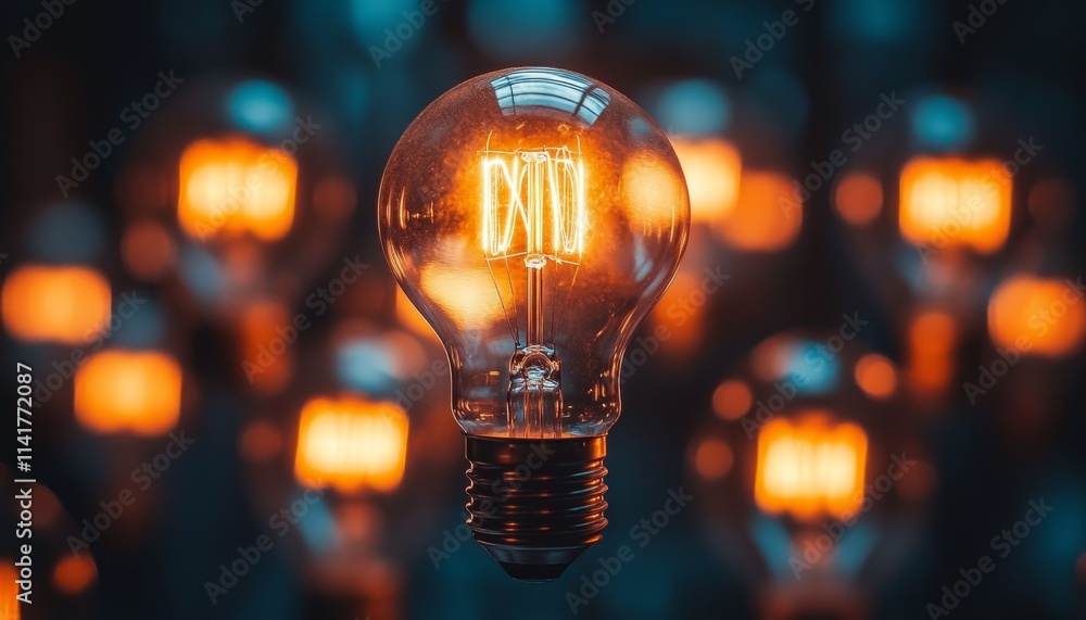 Illuminating lightbulb among dim lights indoor space photography modern concept Illuminating lightbulb among dim lights indoor space photography modern concept