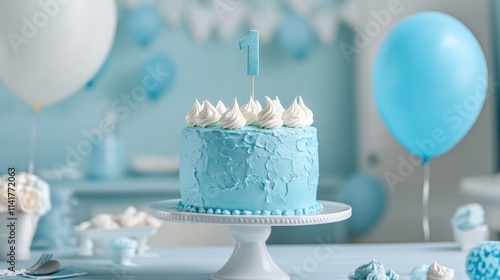 Celebrity-themed first birthday party with gourmet cake table, featuring stunning blue cake, meringues, decorative balloons, and elegant cafe-style setting with space for adding text or custom design  photo