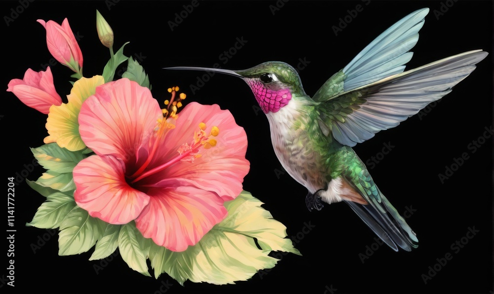 Fototapeta premium Hummingbird in MidFlight Near Pink Hibiscus
