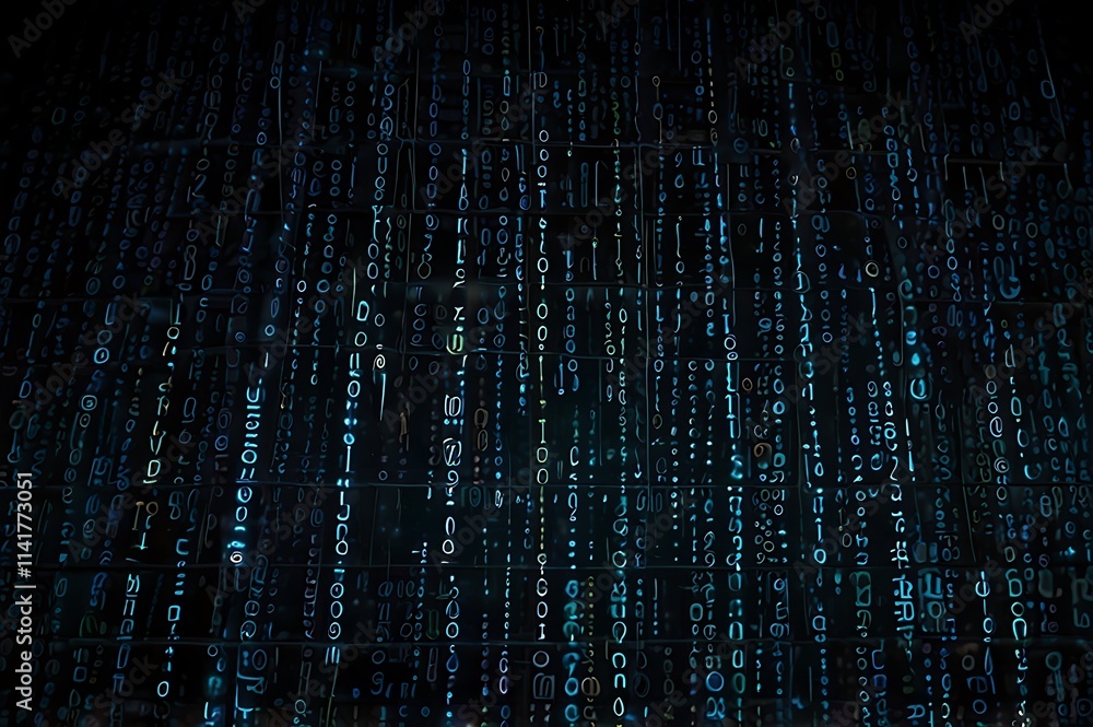 Glowing Grid Of Binary Code Floating In A Dark Void, Representing Cybersecurity And Data Encryption Glowing Grid Of Binary Code Floating In A Dark Void, Representing Cybersecurity And Data Encryption