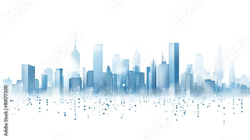 Modern digital city skyline composed of light blue dots on white background, flat design minimalistic vector illustration, simple shapes high resolution no shadows gradients or noise.