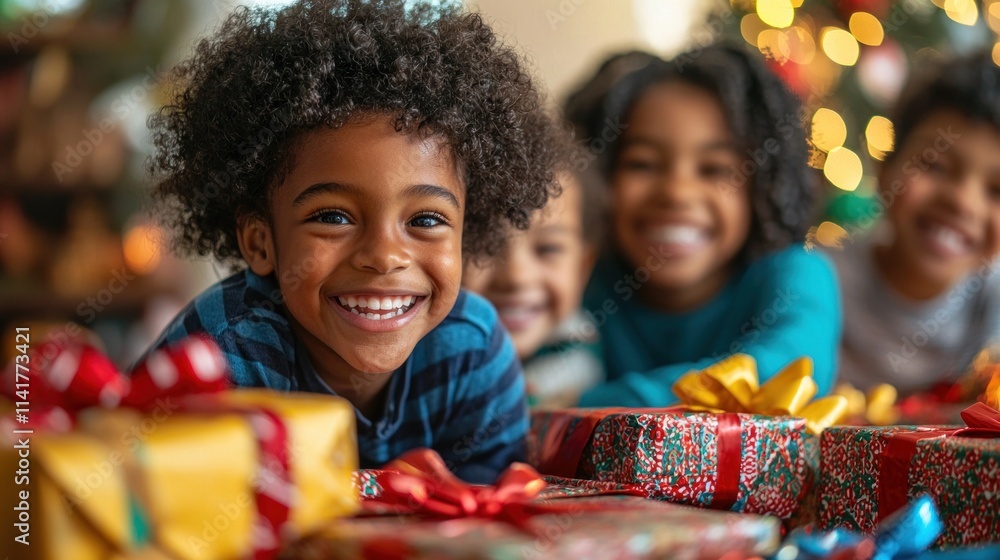 Joyful Children Celebrate Christmas Together with Colorful Presents and a Festive Atmosphere Filled with Laughter and Warmth in Their Home Joyful Children Celebrate Christmas Together with Colorful Presents and a Festive Atmosphere Filled with Laughter and Warmth in Their Home