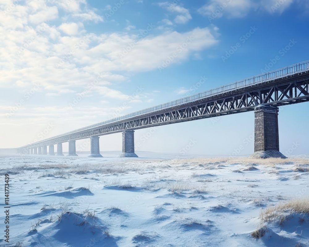 Grand railway bridge spanning across an icy tundra, transportation in extreme conditions and engineering feats Grand railway bridge spanning across an icy tundra, transportation in extreme conditions and engineering feats
