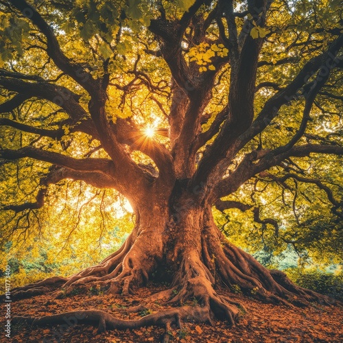 Majestic ancient tree with exposed roots, backlit by golden sunlight. photo