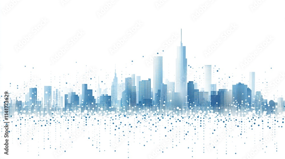 Obraz premium Modern digital city skyline composed of light blue dots on white background, flat design minimalistic vector illustration, simple shapes high resolution no shadows gradients or noise.