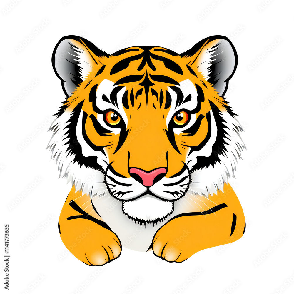 Obraz premium Illustration Of A Tiger's Face With Distinct Stripes And A Fierce Expression, Set Against A White Background