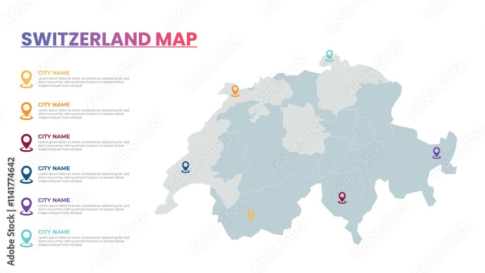 Naklejka premium Switzerland Modern Map Infographic Template, Detailed infographic map of Switzerland Popular City