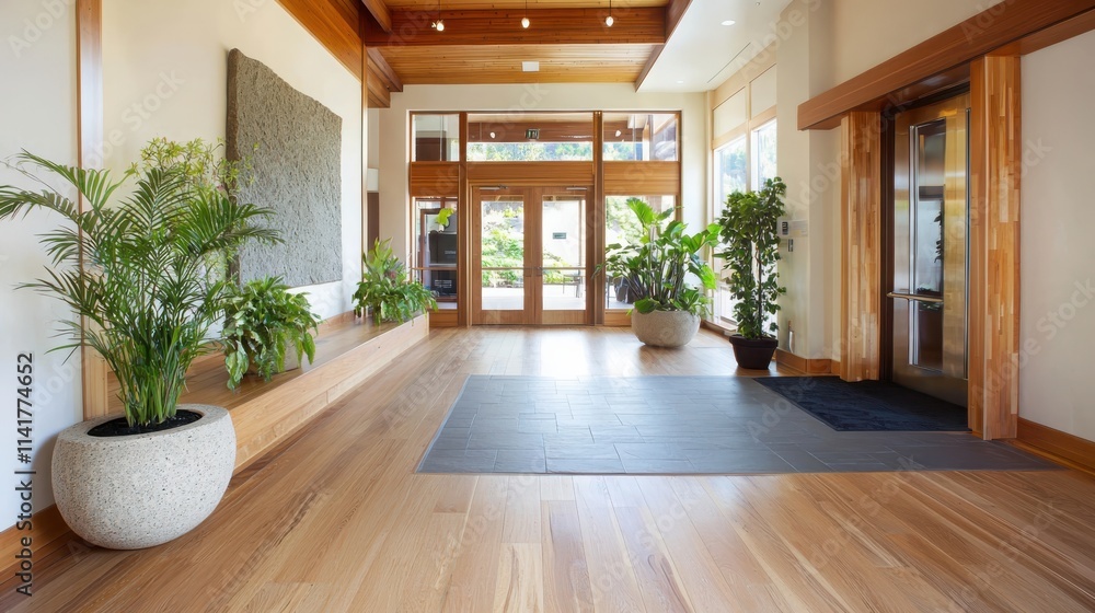 Fototapeta premium Chic sustainable boutique hotel lobby green eco-friendly design modern aesthetic relaxing environment inviting viewpoint