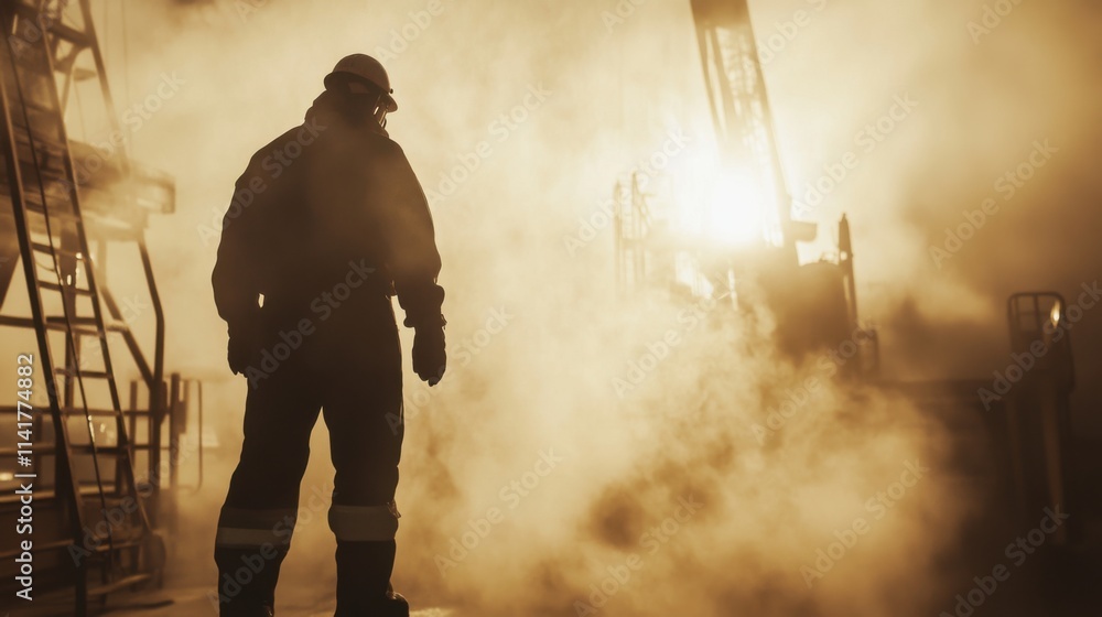 Worker in Protective Gear Operating Machinery at Midday Worker in Protective Gear Operating Machinery at Midday