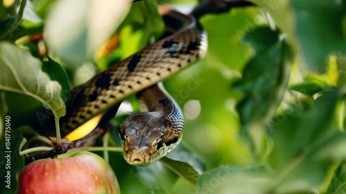 snake on apple tree in summer garden