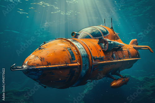 Beautiful large bathyscaphe floating in middle of ocean during exploration photo