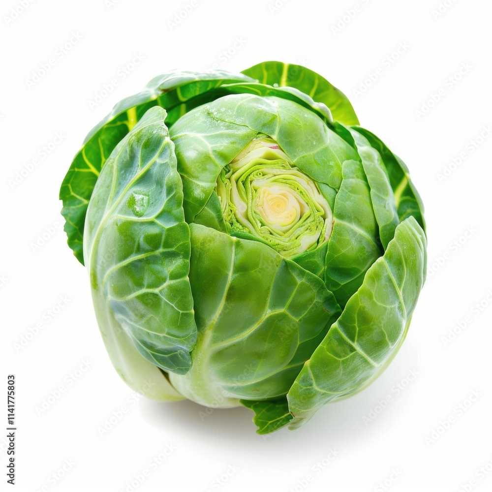 Fototapeta premium A fresh, green cabbage with tightly curled leaves against a white background.