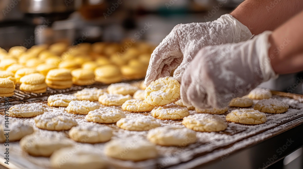 A home chef baking cookies with trays lined with dough and the scent of vanilla in the air A home chef baking cookies with trays lined with dough and the scent of vanilla in the air