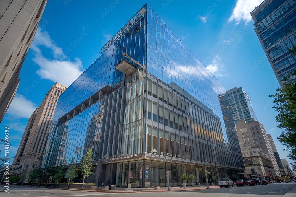 Obraz premium exterior of a magnificent office building in the city, low angle view of tall buildings.
