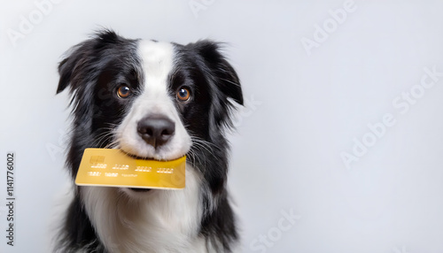 Black and white colour border collie dog holding gold bank credit card in mouth isolated on white background, Shopping investment banking finance concept