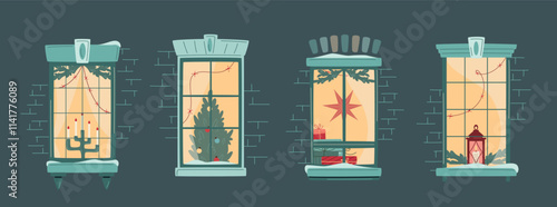 Set of Christmas window decorated with lights, fir branches, pile of gift boxes and decorated christmas tree. Cozy winter evening. Snowfall, warm Christmas or New Year atmosphere. Vector illustration