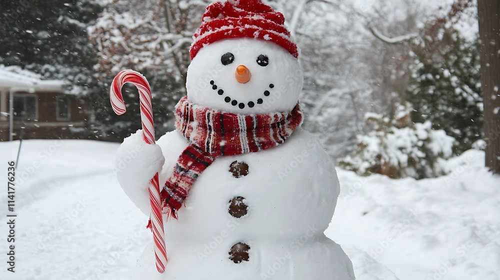 Obraz premium Snowman with Red Hat and Scarf Holding a Candy Cane in Snow
