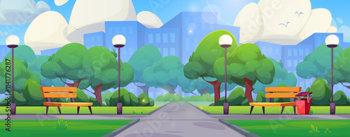 Summer city park with benches and trees. Vector cartoon illustration of urban public garden, green lawn and bushes, wooden benches, street lanterns along alleys, birds flying in sky, modern buildings