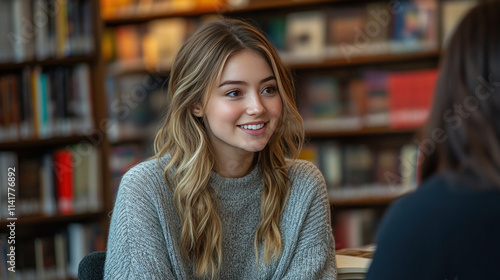 A library book club meeting, with students discussing a bestselling novel over snacks and tea