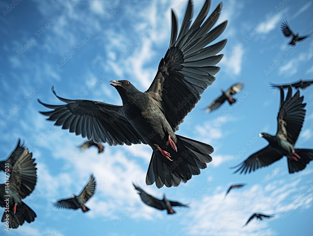 Fototapeta premium Flock of black birds in flight against a bright blue sky.