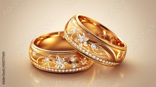 Elegant golden wedding rings with floral designs and sparkling diamonds. photo