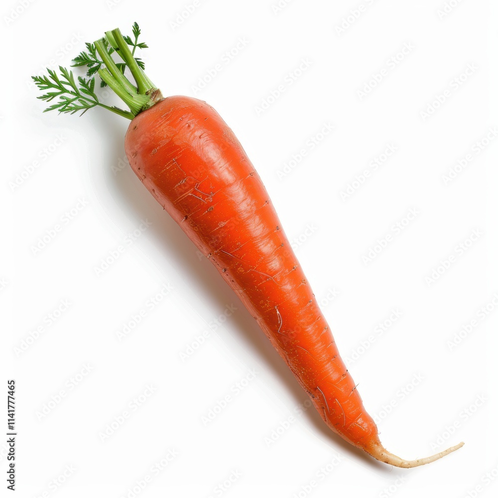 Fresh, vibrant orange carrot with green leafy tops, resting on a white background. Fresh, vibrant orange carrot with green leafy tops, resting on a white background.
