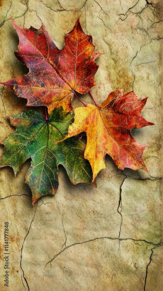 Colorful autumn leaves placed on a textured old background showcasing seasonal change Colorful autumn leaves placed on a textured old background showcasing seasonal change