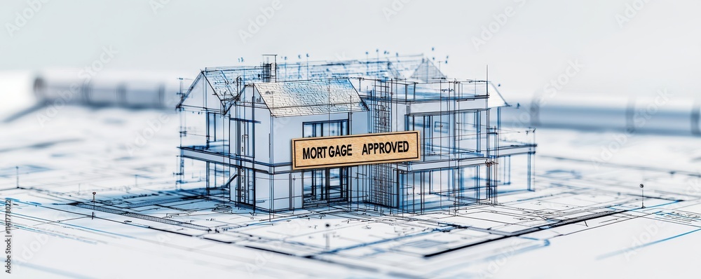 Obraz premium 3D architectural blueprint of a house under construction with a sign indicating 
