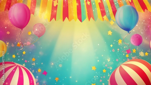 Colorful birthday or carnival background featuring vibrant balloons, confetti, streamers, and festive decorations in bright multicolored tones, perfect for celebrations, party invitations, and cheerfu photo