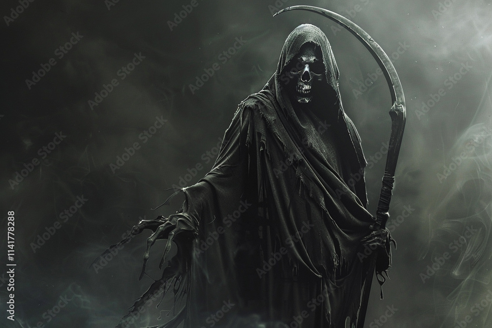 Scary grim reaper with sharp scythe in hell with dramatic background Scary grim reaper with sharp scythe in hell with dramatic background