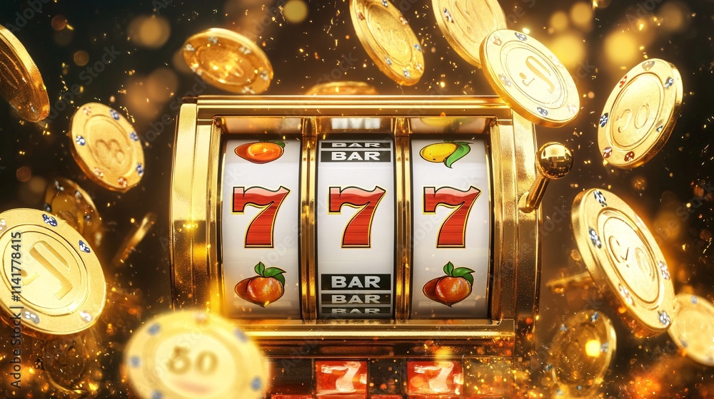 custom made wallpaper toronto digitalA vibrant golden slot machine displaying lucky sevens surrounded by flying coins, evoking excitement and chance.