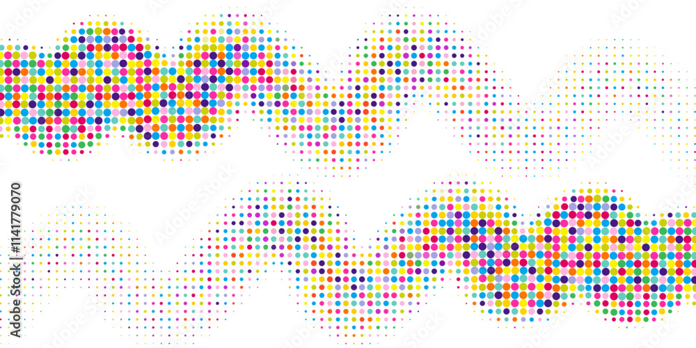 Fototapeta premium Playful Halftone Waves Isolated on White Background with Colorful Dots. Pop art comic design perfect as banner, wallpaper