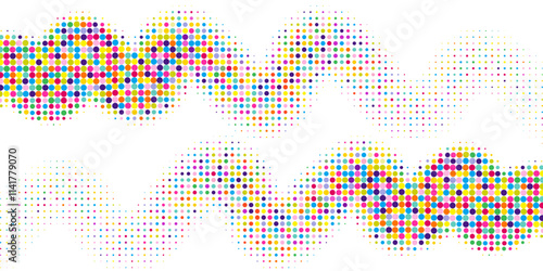 Playful Halftone Waves Isolated on White Background with Colorful Dots. Pop art comic design perfect as banner, wallpaper