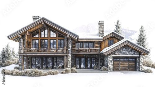 Luxurious mountain house with rustic wood and stone design in snowy landscape