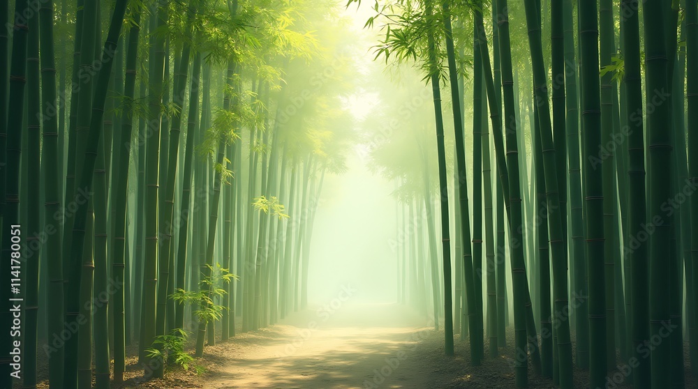 Fototapeta premium Serene Bamboo Forest Path in Sunrise Light, Generative AI