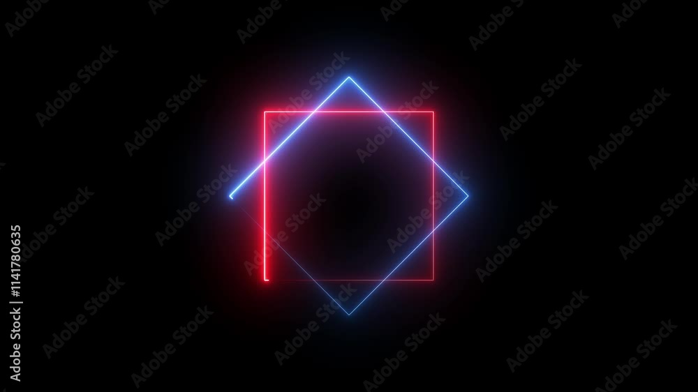 Glowing red blue color neon square animation over black background. Glowing red blue color neon square animation over black background.