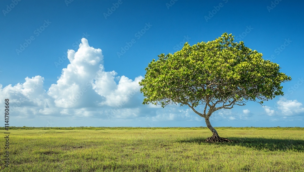 Obraz premium Lone tree in a green field under a blue sky with fluffy clouds.