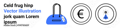 Blue shopping bag with price tag, Euro symbol in black circle, and security eye icon on white background. Ideal for e-commerce, pricing, shopping, currency, security branding marketing. Landing