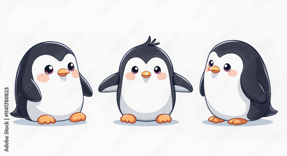 Naklejka premium Cute Penguin Illustration with Three Adorable Characters in Cartoon Style, Perfect for Children's Books and Nursery Decor