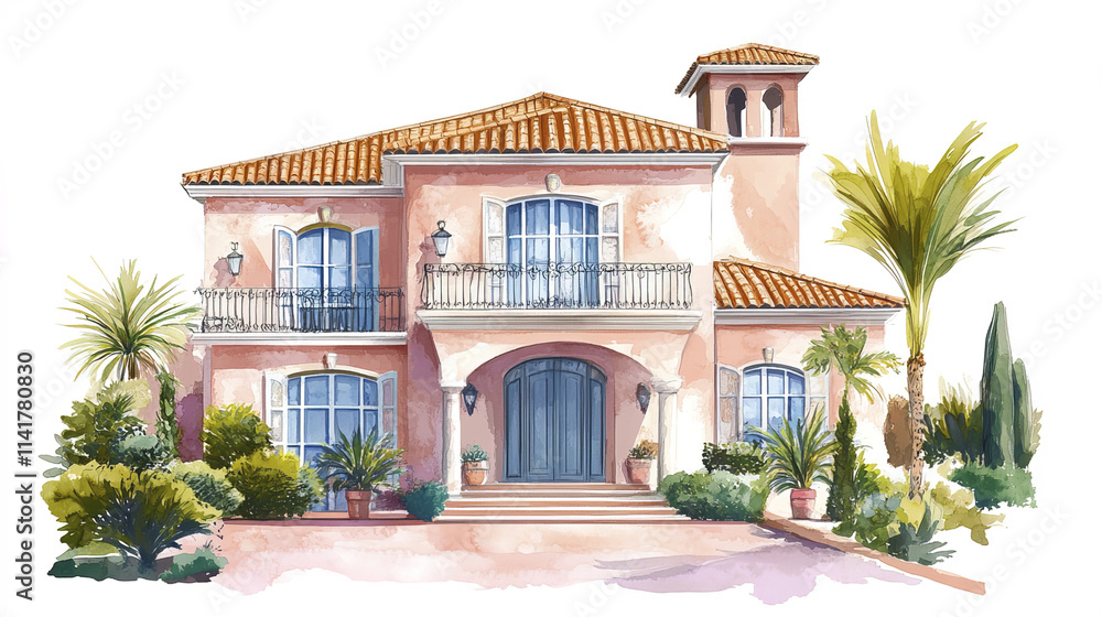 Luxurious Mediterranean villa with terracotta roof and lush greenery Luxurious Mediterranean villa with terracotta roof and lush greenery
