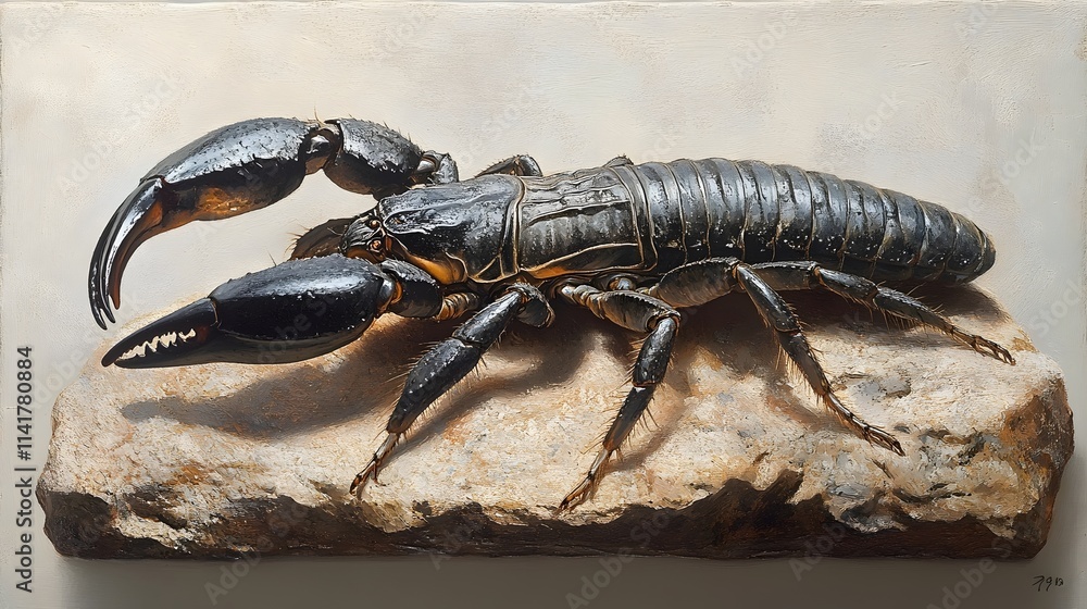 A large black scorpion is on a rock A large black scorpion is on a rock