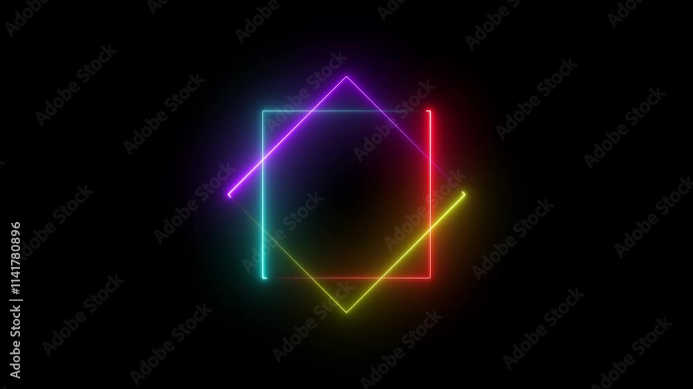 Glowing 4 color neon line square animation on black background. Glowing 4 color neon line square animation on black background.
