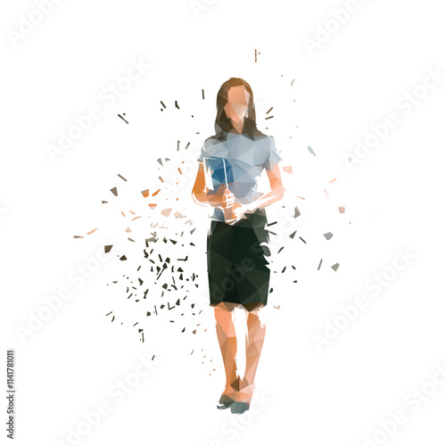 Teacher or business woman standing and holding documents, isolated distorted low poly vector illustration