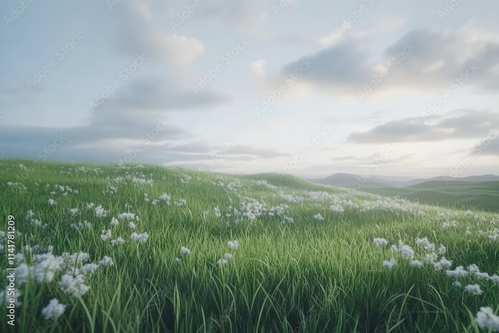 Fototapeta premium Gentle, rolling hills covered in lush green grass and scattered white flowers under a soft, cloudy sky at dawn.