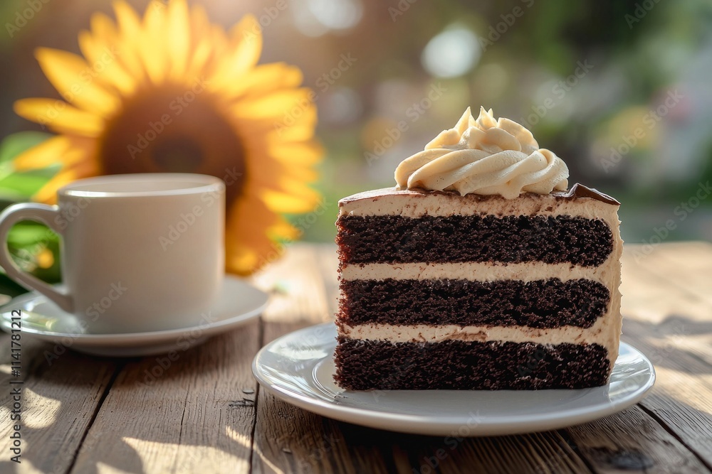 A slice of rich chocolate cake with layers of beige and dark brown, topped with cream cheese frosting on the top layer A slice of rich chocolate cake with layers of beige and dark brown, topped with cream cheese frosting on the top layer