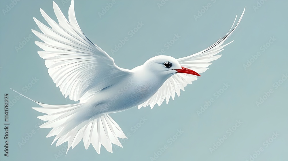 A white bird with red beak flying in the sky A white bird with red beak flying in the sky