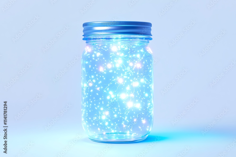 A glowing jar filled with bright, sparkling lights against a soft blue background, creating a magical and enchanting atmosphere. A glowing jar filled with bright, sparkling lights against a soft blue background, creating a magical and enchanting atmosphere.
