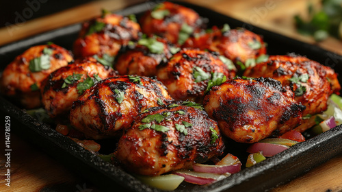 A serving of Indian tandoori chicken sizzling on a hot plate with onions and bell peppers