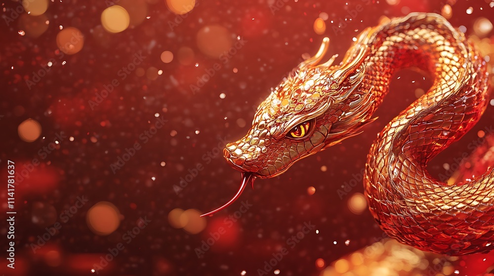 Golden dragon snake on red bokeh background. Golden dragon snake on red bokeh background.