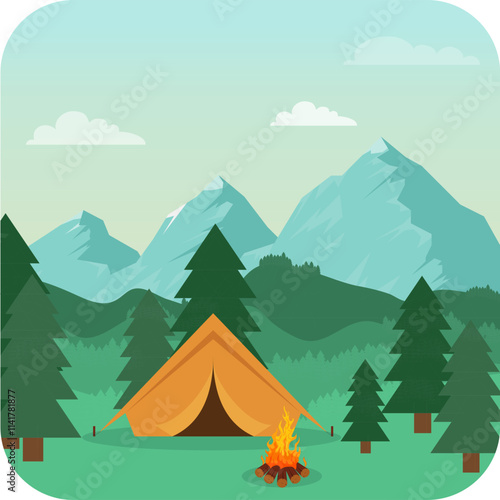 Camping in the mountains, camping icon with a tourist tent and a campfire on a mountain landscape background. Vector, cartoon illustration. Vector.